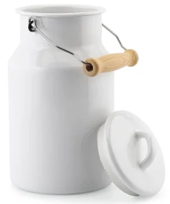 Milchkanne Emaille mit Holzgriff